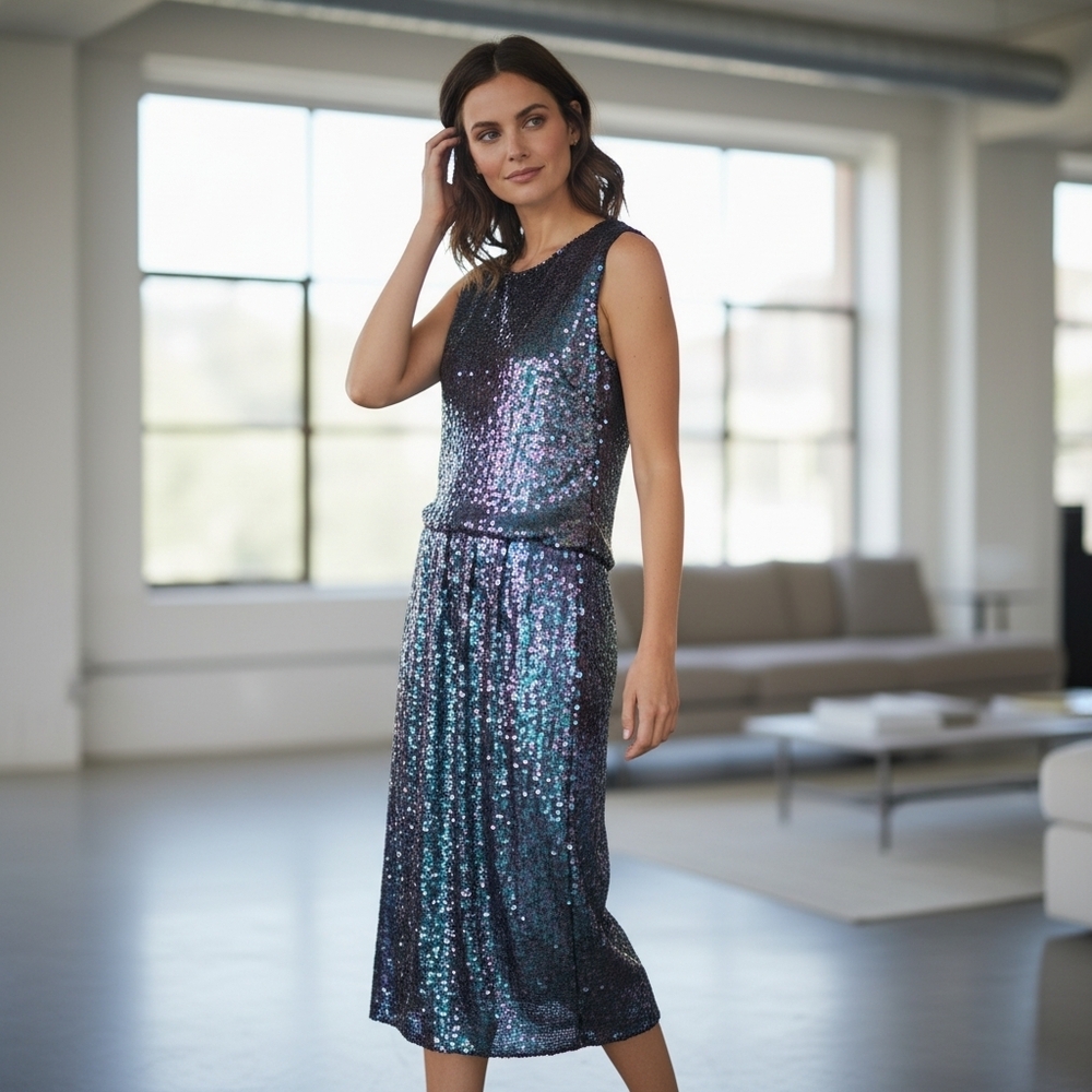 VTG Sequins Formal Skirt Set Dark Blue Purple Silk Sparkle‎ Party Sz M Cocktail